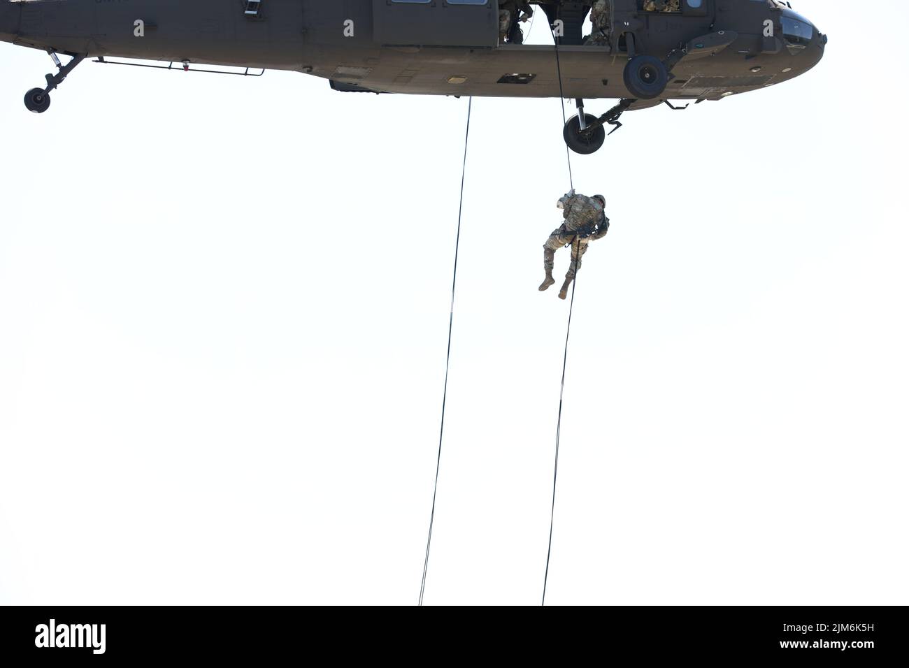 Un soldato con la sede e la sede centrale Company, 1st battaglione, 110th reggimento di fanteria, 28th divisione di fanteria, rapels da un falco nero di UH-60 dalla brigata di aviazione di combattimento 28th Expeditionary durante una missione di addestramento di rapelling a Fort Indiantown Gap, Pa., il 3 agosto 2022. Questo corso di formazione viene eseguito per mantenere le attività e le capacità critiche dello scout e per mantenere alti livelli di preparazione. (STATI UNITI Foto dell'esercito dello staff Sgt. Brandon Nelson) Foto Stock