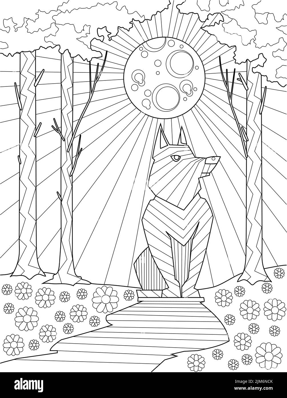 Colorare pagina del libro con Lone Wolf Howling alla Luna piena. Foglio da colorare con cane selvatico in piedi ancora sul percorso con fiori intorno e alberi in retro Illustrazione Vettoriale