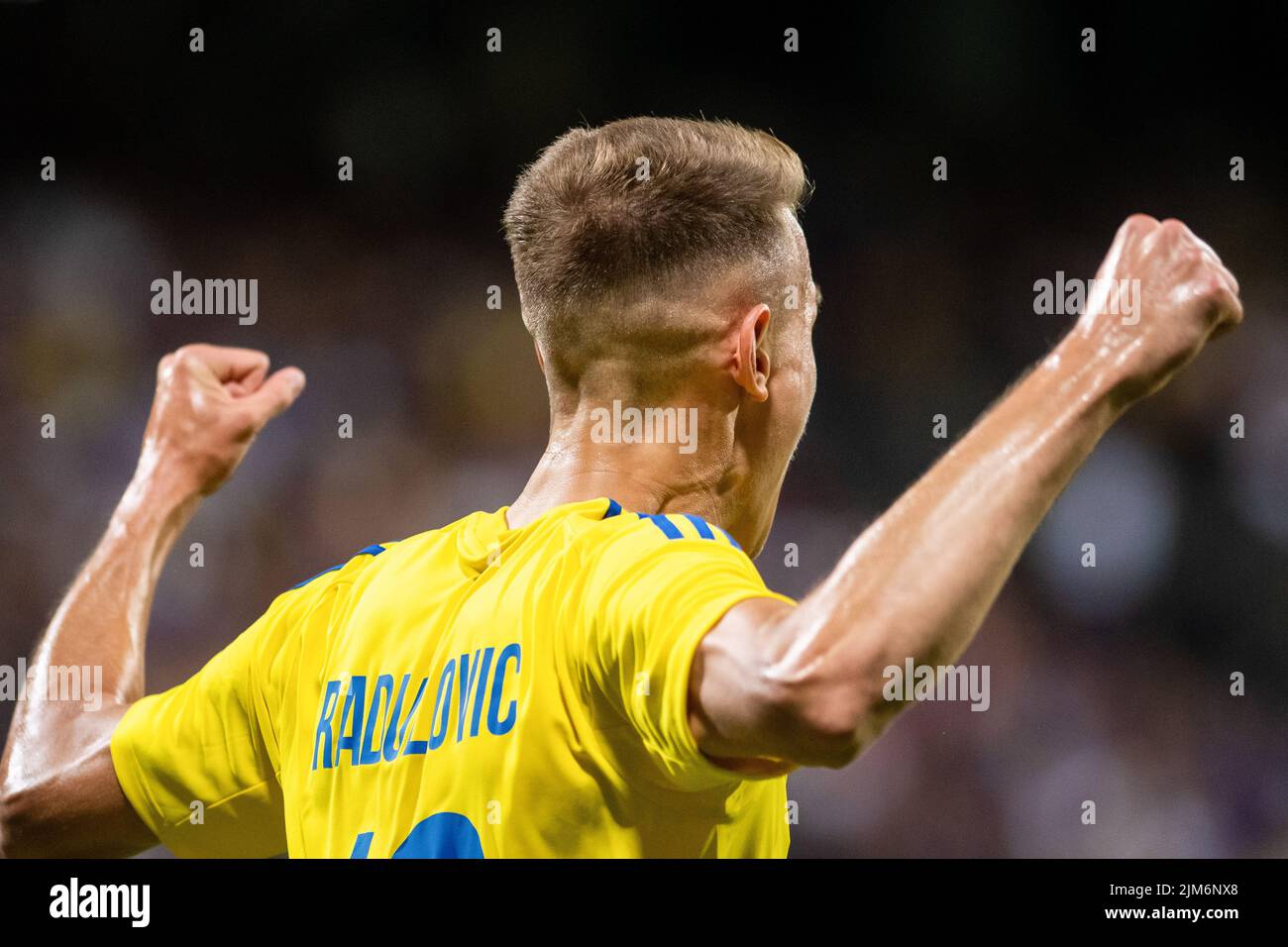 Maribor, Slovenia. 04th ago 2022. Bojan Radulovic di HJK Helsinki festeggia un gol durante la terza gara di qualificazione della UEFA Europa League, prima tappa allo Stadion Ljudski vrt di Maribor. Punteggio finale: NK Maribor 0:2 HJK Helsinki (Photo by Milos Vujinovic/SOPA Images/Sipa USA) Credit: Sipa USA/Alamy Live News Foto Stock