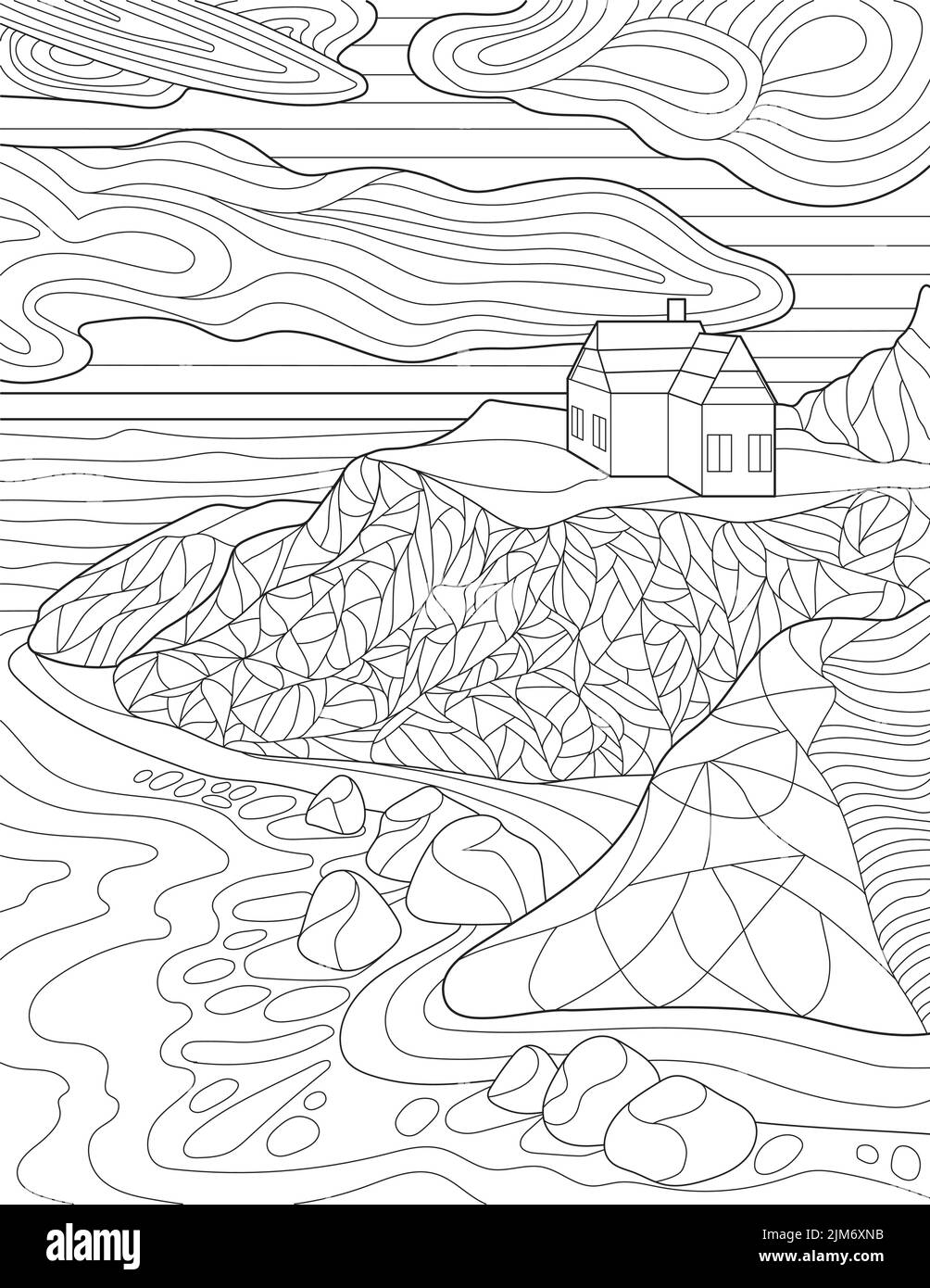 Pagina da colorare con dettagliata Casa su collina, nuvole, rocce e Oceano. Foglio da colorare con Home sulla parte superiore della scogliera e vedere sotto. Edificio idilliaco Illustrazione Vettoriale