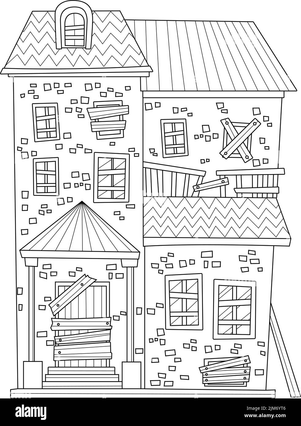 Pagina da colorare con la grande, vecchia casa fatta di pietre con assi inchiodati sopra la porta e le finestre. Foglio da colorare con enorme edificio fatto di rocce Illustrazione Vettoriale