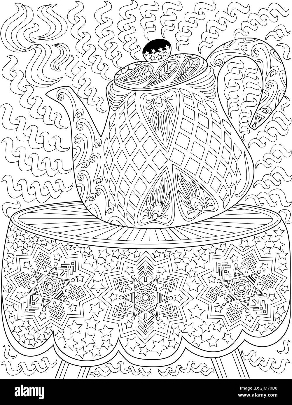 Pagina del libro da colorare con teiera sul tavolo con il panno con il disegno dei fiocchi di neve. Foglio da colorare con bollitore sulla superficie progettata con fiocchi. Teakettle Illustrazione Vettoriale