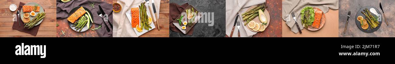 Collage di gustosi asparagi cotti con uova, salmone, limone e spezie, vista dall'alto Foto Stock