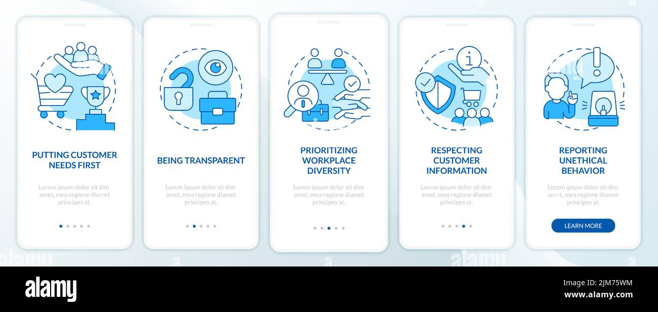 Etica nelle trattative con i clienti schermata blu dell'app mobile onboarding Illustrazione Vettoriale