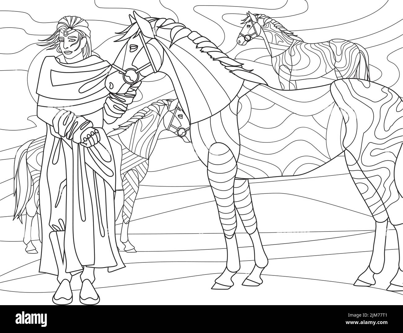 Colorare pagina del libro con l'uomo circondato con tre cavalli nel deserto. Foglio da colorare con uomo con animali intorno. Ragazzo con Jewel acceso Illustrazione Vettoriale