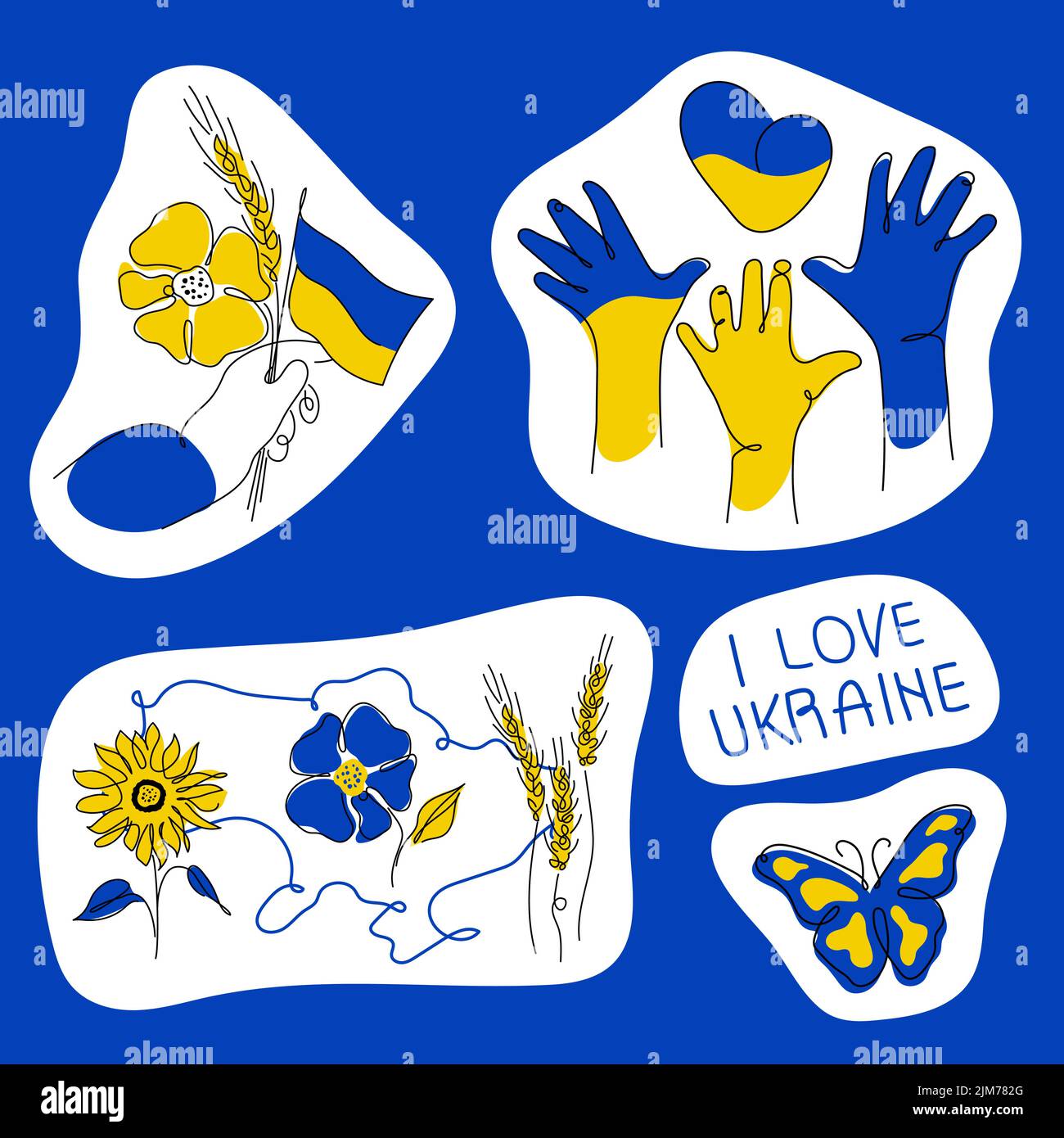 Set di adesivi patriottici di illustrazione Ucraina con heands e cuore, farfalla, mappa, papavero, grano e frase IO AMO UKRAIN nei colori della tradizione Illustrazione Vettoriale
