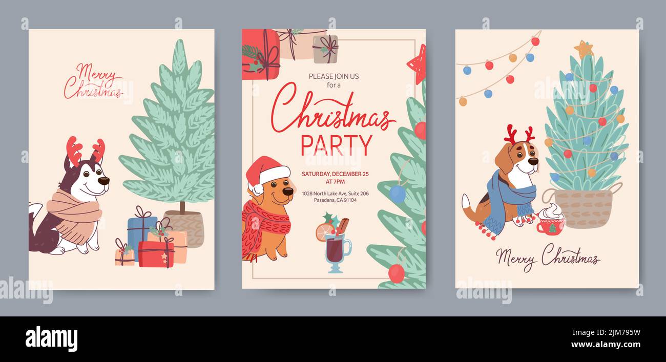 Set di carte di Natale con cani carino di razze diverse. Biglietti d'auguri vettoriali e inviti a feste in stile piatto. Personaggi cartoni animati di Husky, labrador e beagle in costume festivo. Lettere Illustrazione Vettoriale