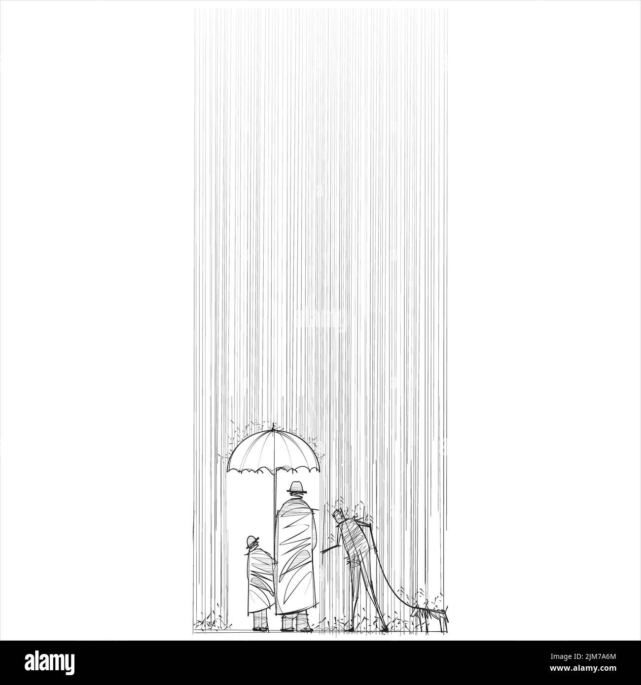 Due persone e un mendicatore che balbano sotto la pioggia Illustrazione Vettoriale