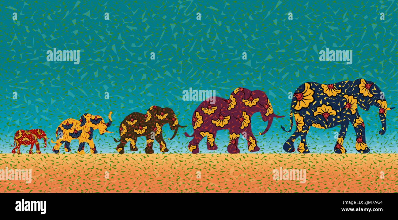 Elefanti etnici, Africa o Thai Stampa tessuto sfondo batik, ornamento fatto a mano per il vostro disegno, fiori Afro colorati motivi tribali. Animale vettoriale Illustrazione Vettoriale