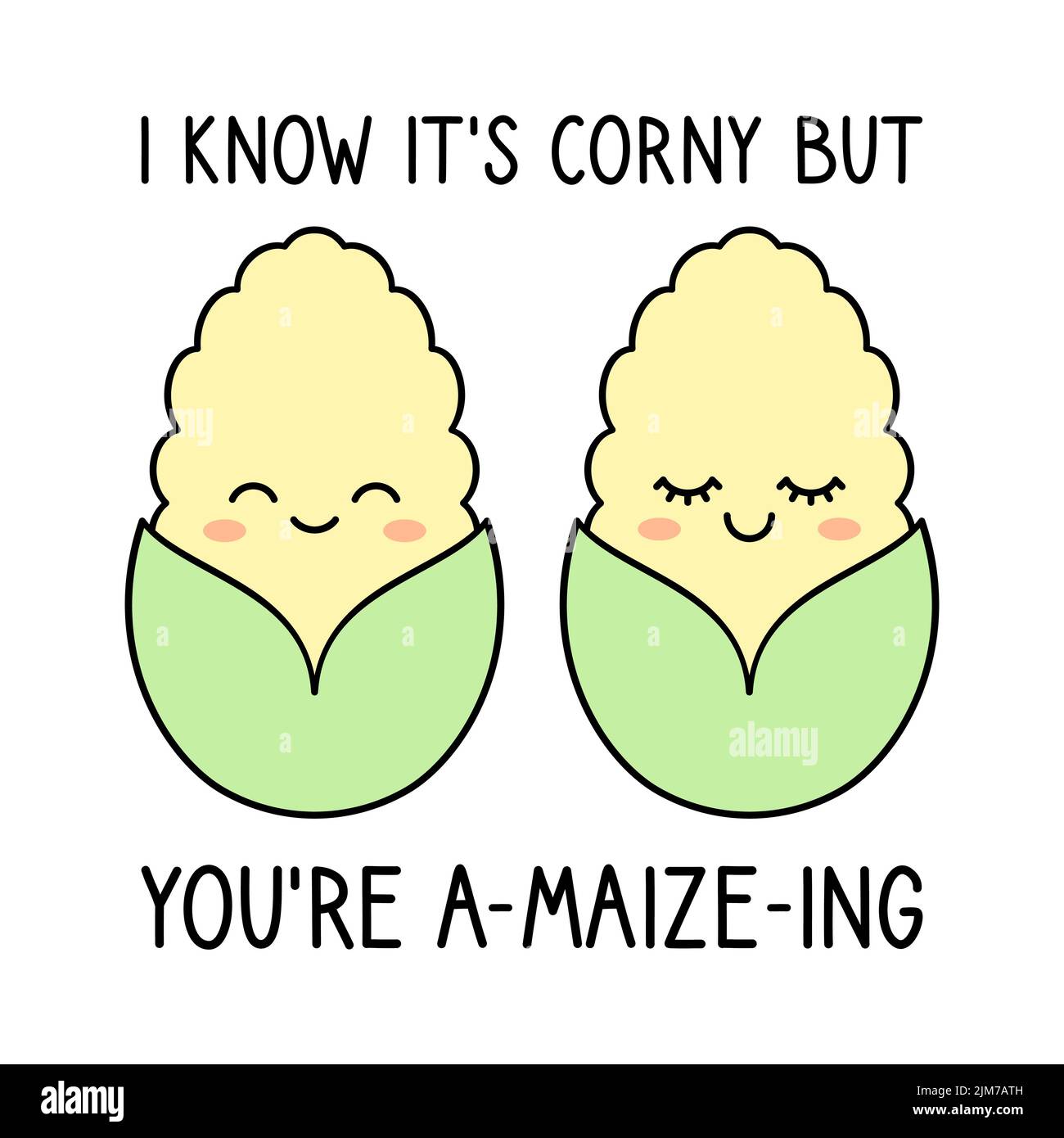 So che è Corny, ma sei incredibile. Pun di mais carino. Due corni kawaii innamorati. Personaggi cartoni animati di mais con una citazione. Biglietto di auguri per una coppia romantica. Illustrazione Vettoriale