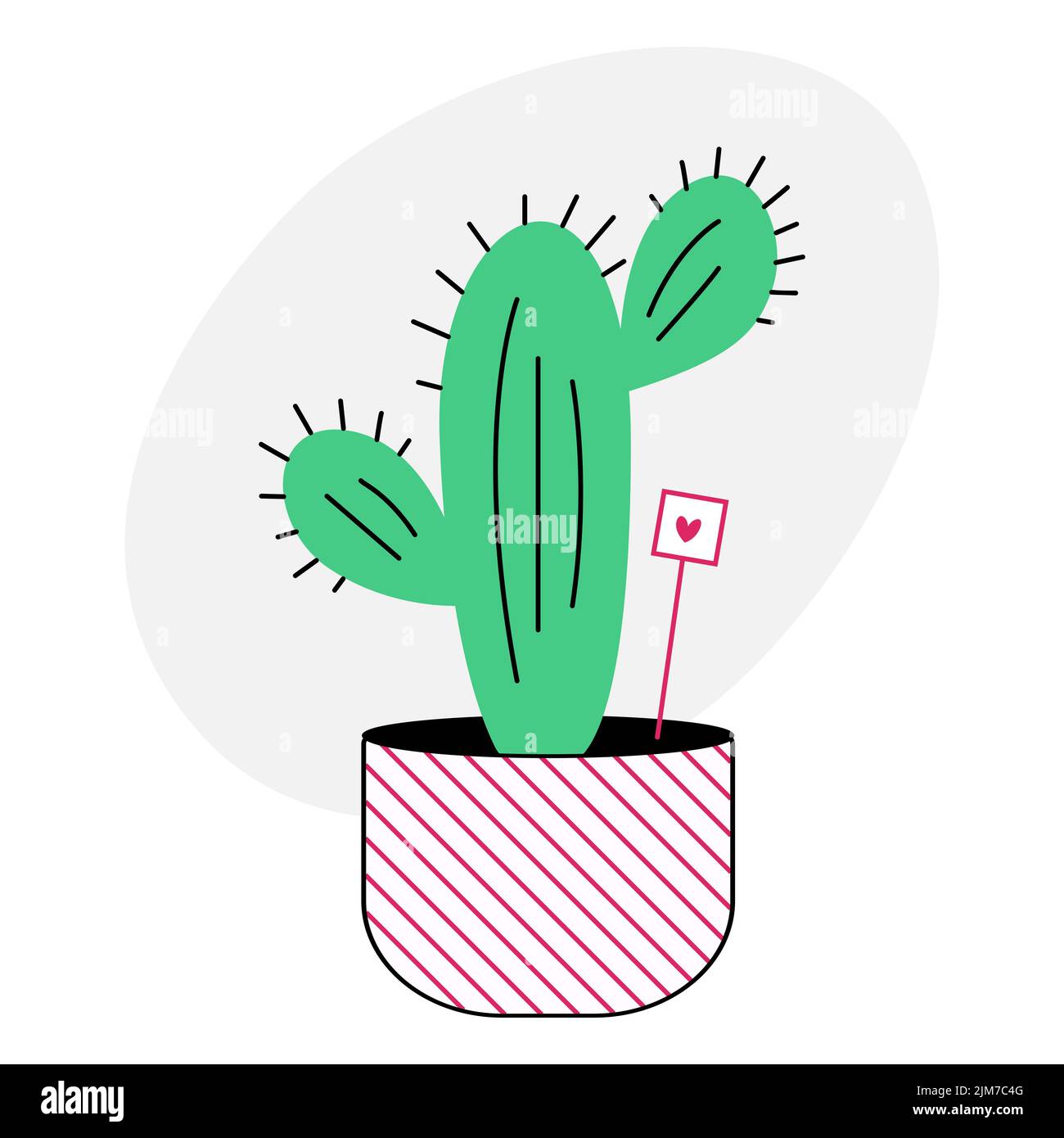 Carino cactus doodle. Cartoon cactus in una pentola a righe rosa su sfondo bianco. Illustrazione vettoriale di tendenza in stile piatto. Illustrazione Vettoriale