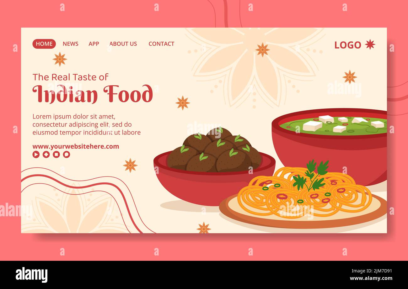 Indian Food Restaurant Social Media Landing Page Template Cartoon background Vector Illustration Illustrazione Vettoriale