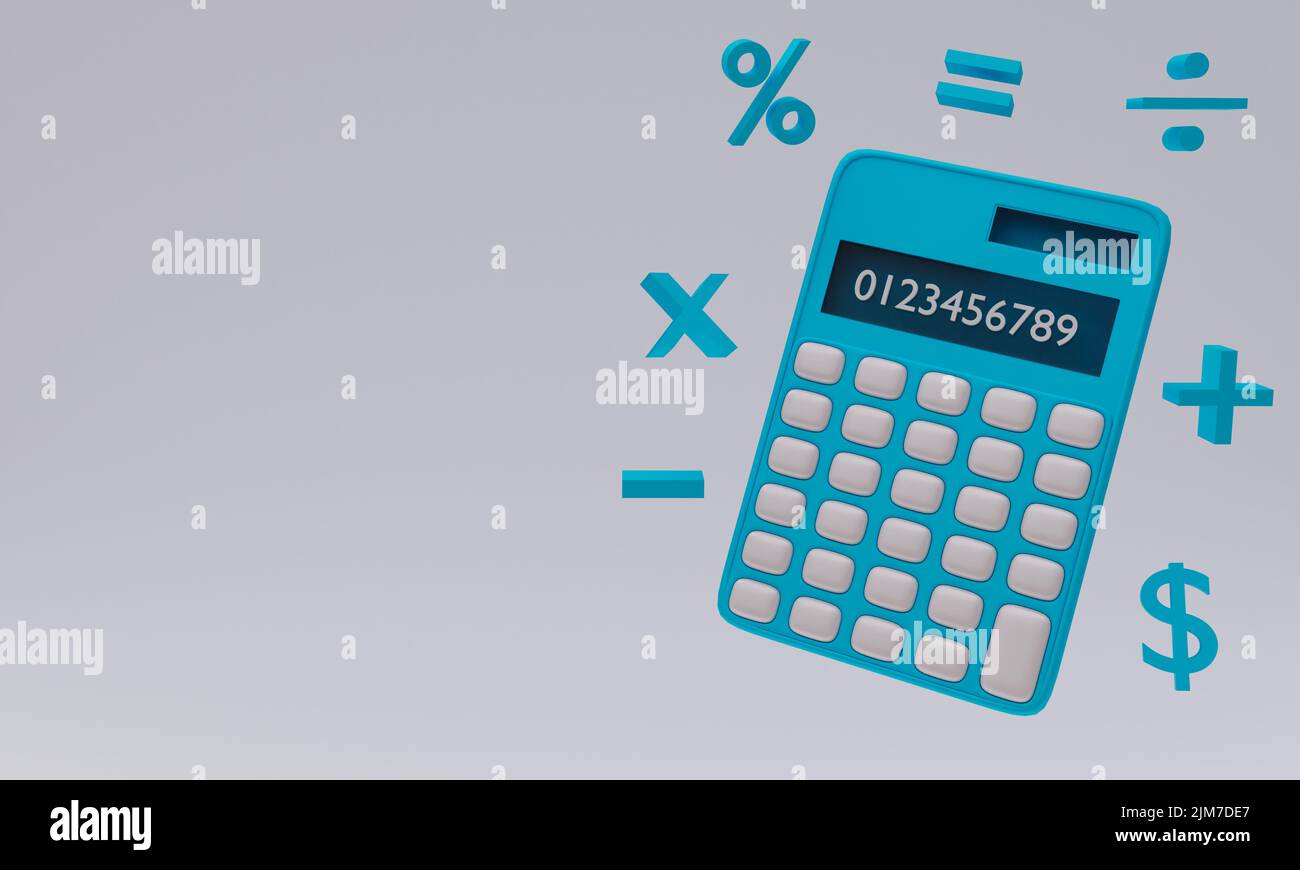 Un'illustrazione 3D di una calcolatrice blu circondata da segni matematici con spazio di copia Foto Stock