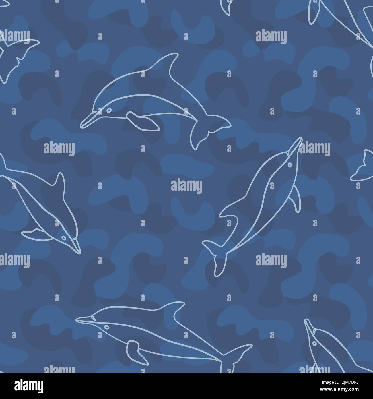 Dolphin modello senza cuciture in stile doodle e linea su sfondo militare blu. Vettore Illustrazione Vettoriale