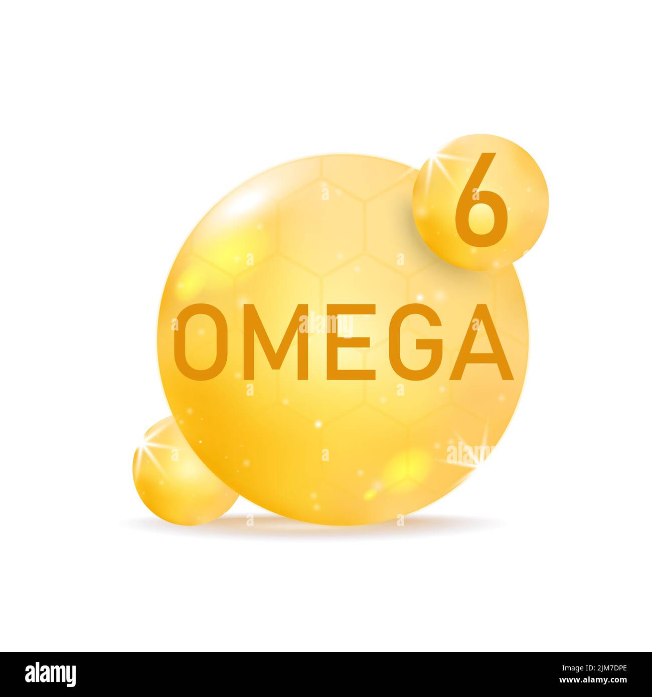 Omega 6 icona oro. Capsula di pillola di goccia di vitamina. Illustrazione Vettoriale