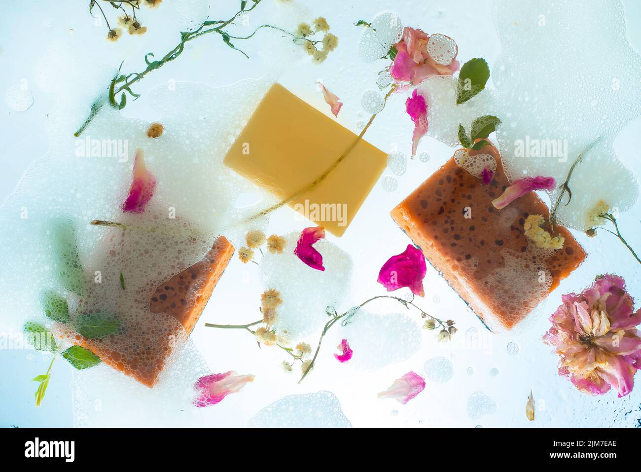 Sapone e spugne in schiuma, delicati piatti, decorazioni floreali, retroilluminazione Foto Stock
