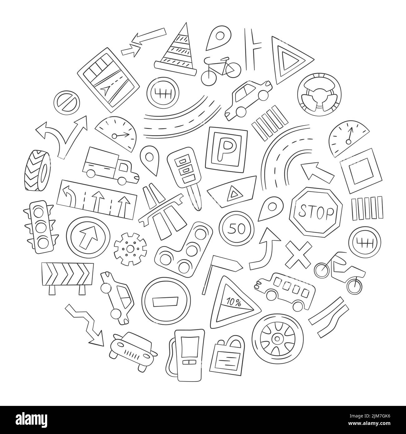 Set di automobili, oggetti stradali, segnaletica stradale e simboli delle automobili. Illustrazione vettoriale in stile doodle Illustrazione Vettoriale