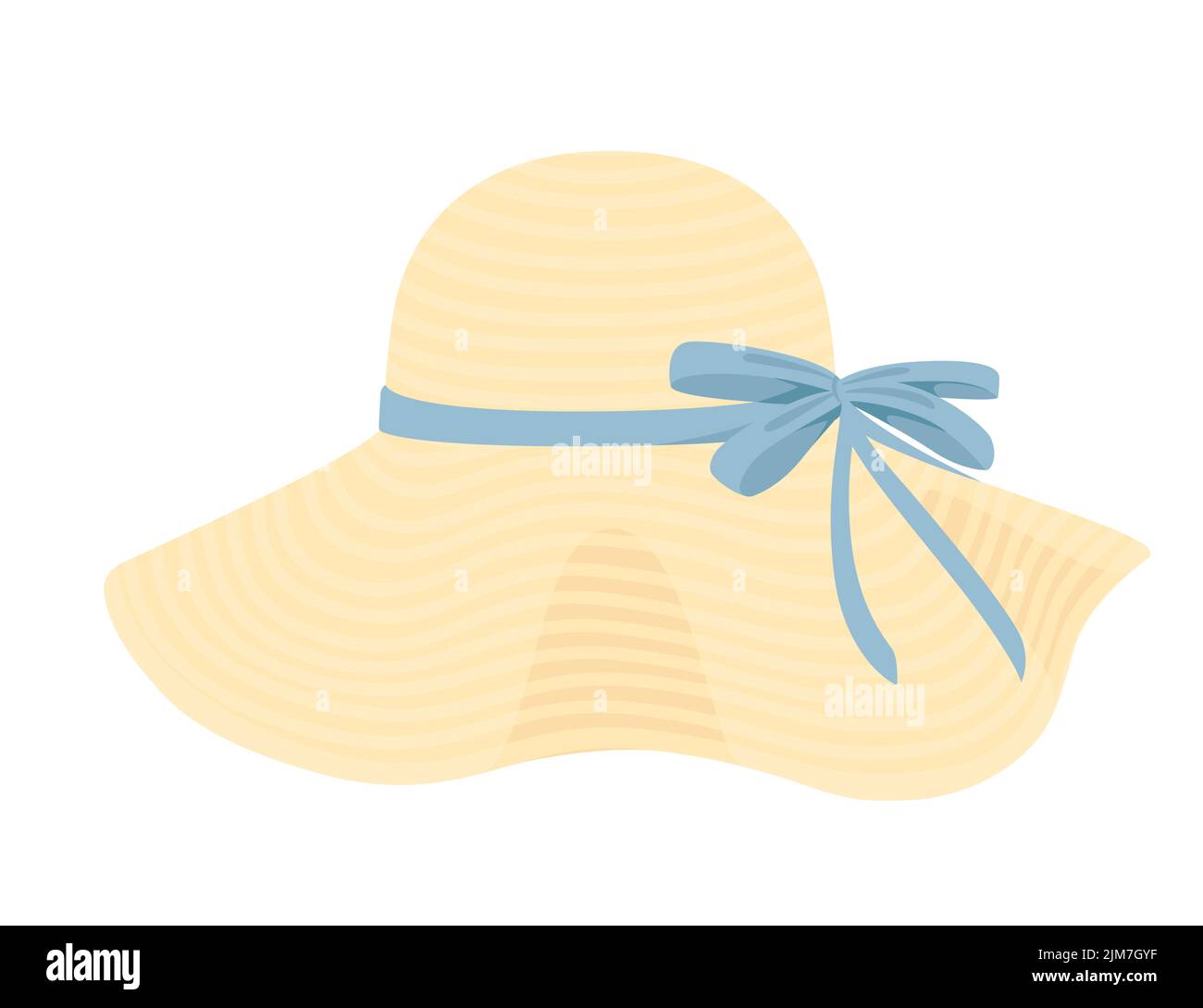 Cappello estivo in paglia con nastro blu e disegno vettoriale ad arco isolato su sfondo bianco Illustrazione Vettoriale