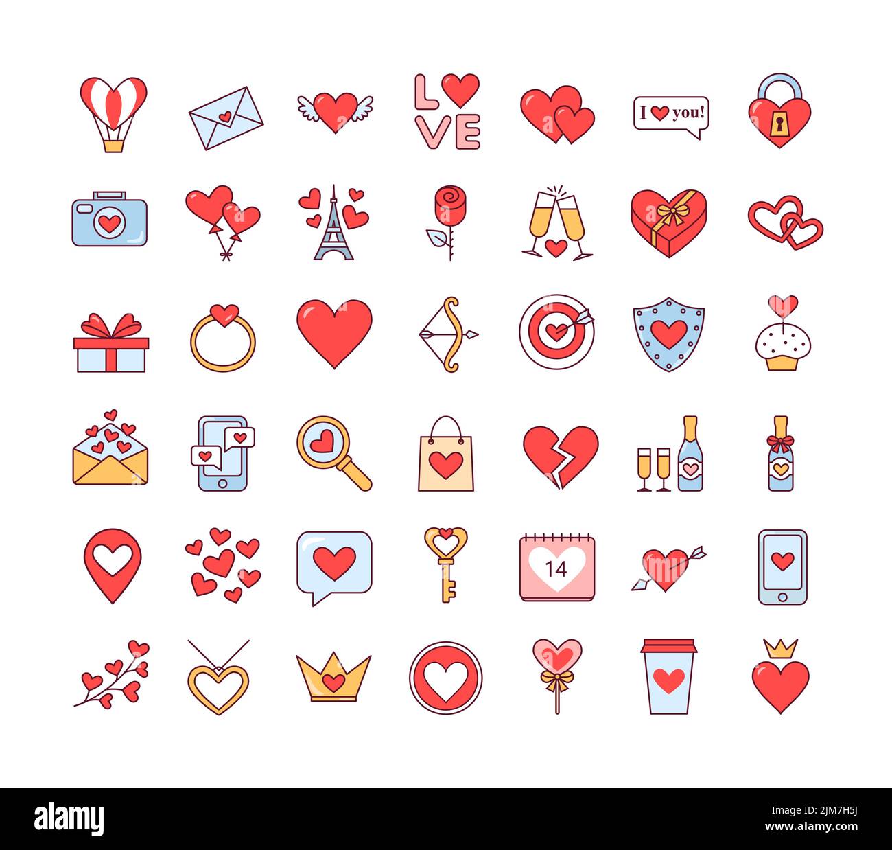 San Valentino. Amore. Febbraio 14. Set di icone isolate carine su sfondo bianco. Vettore Illustrazione Vettoriale