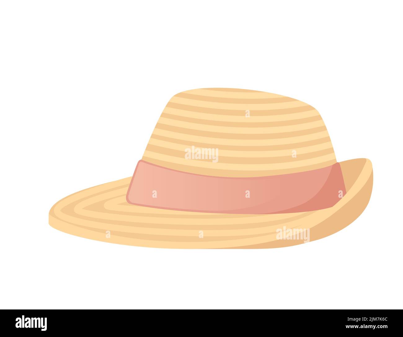 Cappello estivo in paglia con disegno vettoriale a nastro rosa isolato su sfondo bianco Illustrazione Vettoriale