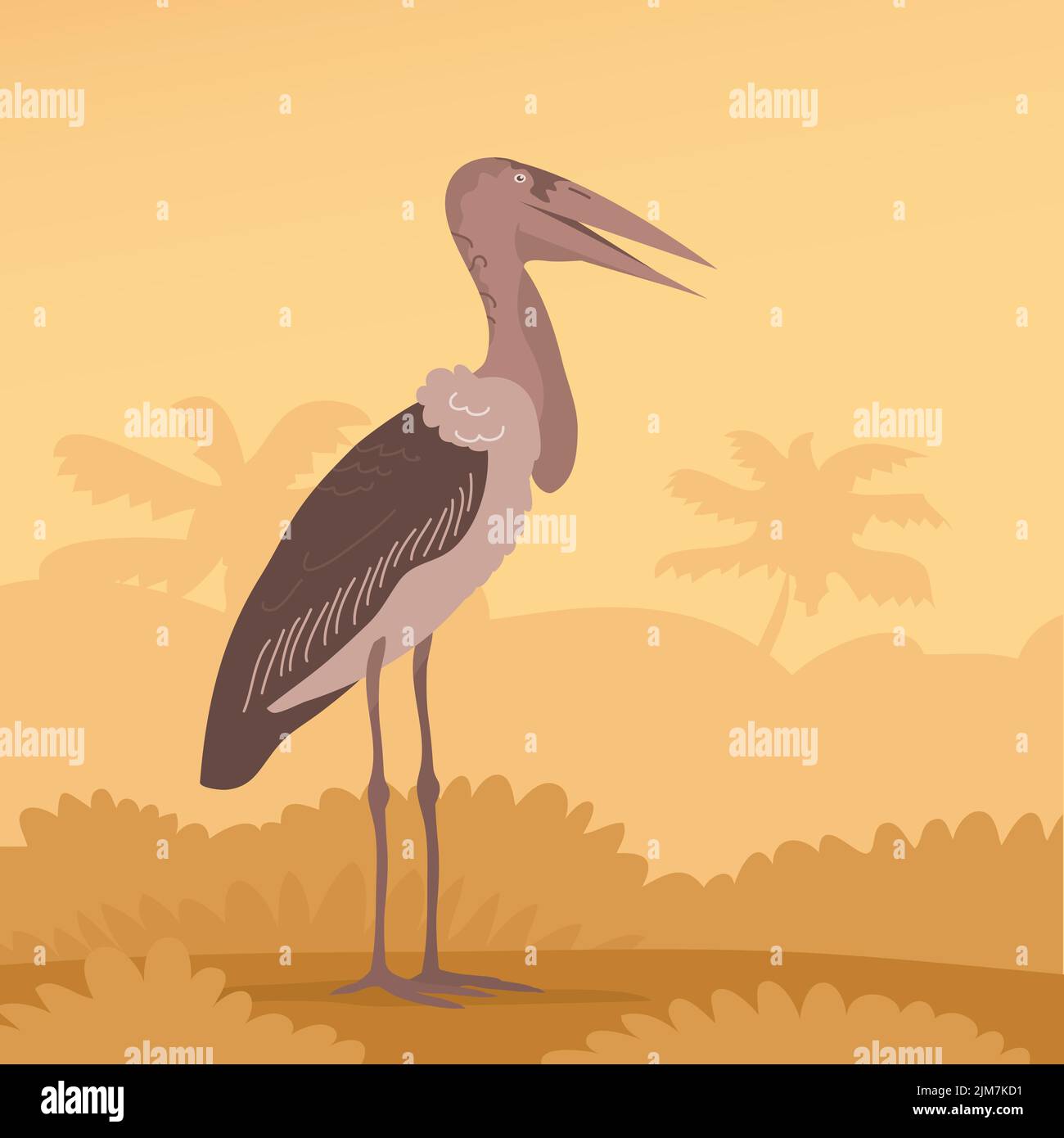 Marabou della cicogna africana dell'uccello. Si leva sui piedi. Becco grande. Animali selvatici di Savannah. Fauna e zoologia. Paesaggio selvaggio. Colori vettoriali piatti illustrati Illustrazione Vettoriale