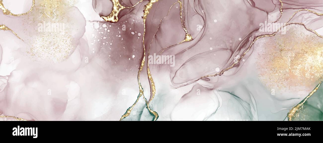 Arte fluida astratta con pittura di tecnica dell'inchiostro dell'alcool e decorata con spruzzi di glitter della lamina d'oro per sembrare luxurious. Adatto per sfondi, banne Illustrazione Vettoriale
