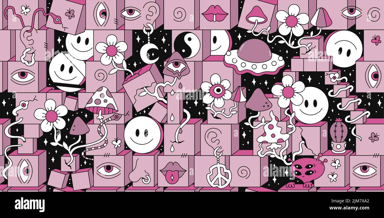 Spazio trippy 60s stile psichedelico geometria senza giunture modello art.Vector pazzo illustrazione.Smile emoji volti, funghi magici, spazio, techno, acido, trippy stile senza giunture modello carta da parati concetto di stampa Illustrazione Vettoriale