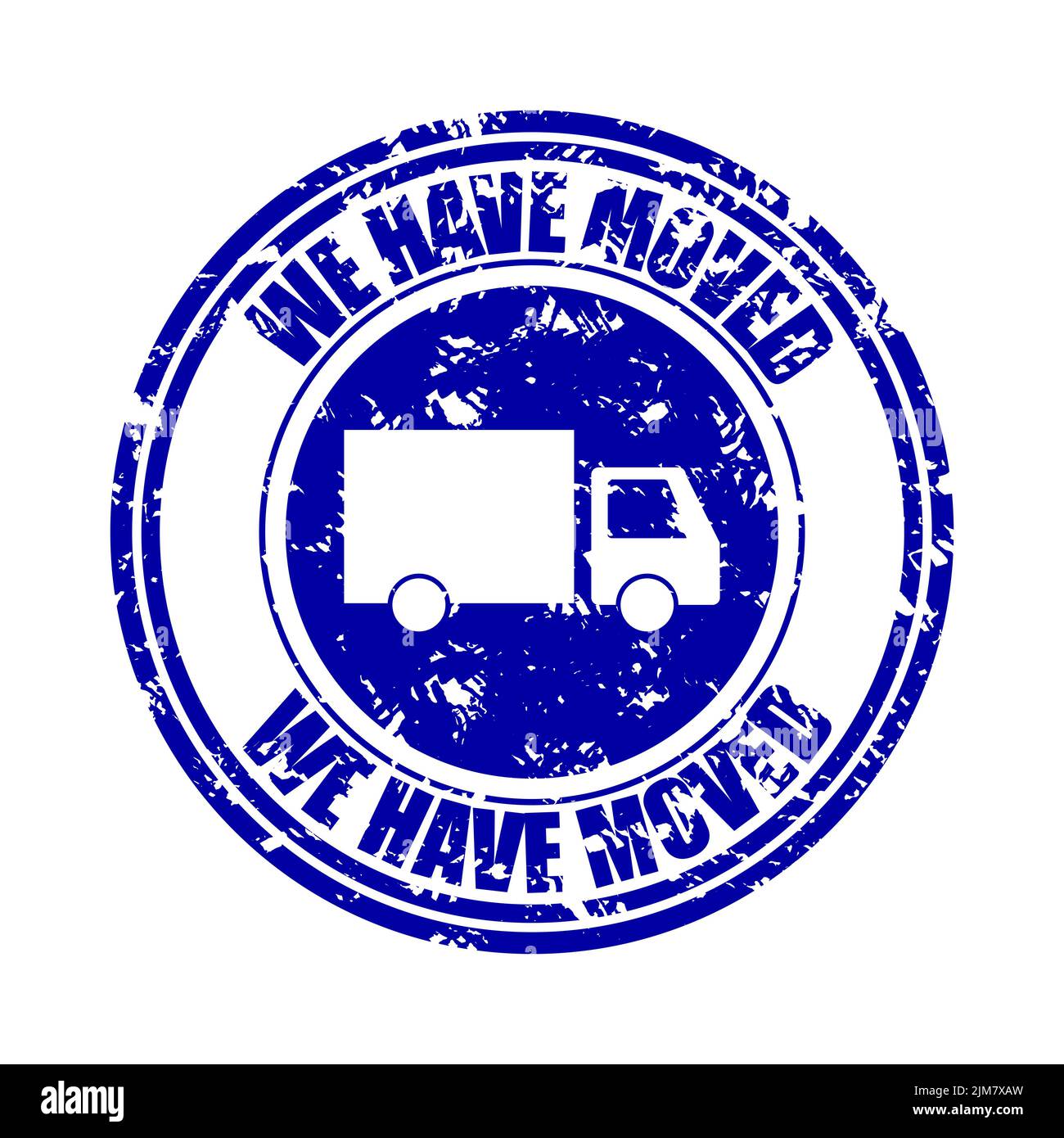Abbiamo spostato il timbro di gomma, la texture blu. Segno di grunge vettoriale e inchiostro di tenuta in gomma grungy, illustrazione del simbolo dell'etichetta Foto Stock