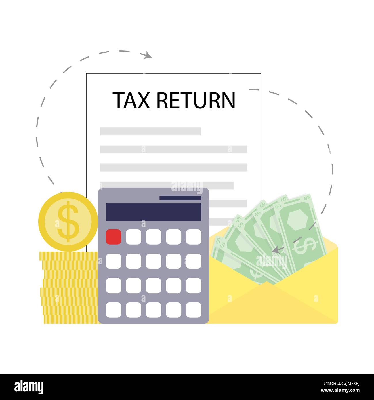 Concetto di dichiarazione delle imposte, calcolo per sostenere il denaro. Illustrazione vettoriale. Soldi di accreditamento, documenti di bussines, debito riuscito di stipendio, equilibrio di bilancio, savi salariale Foto Stock