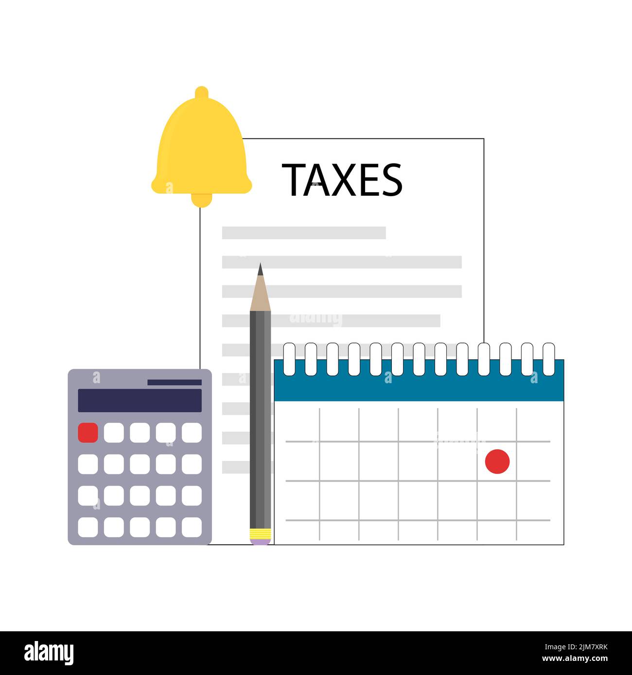 Data di pagamento tasse, promemoria e notifica per effettuare il pagamento. Illustrazione vettoriale. Giorno di pagamento, calendario promemoria, stipendio mensile, deposito governativo, Foto Stock