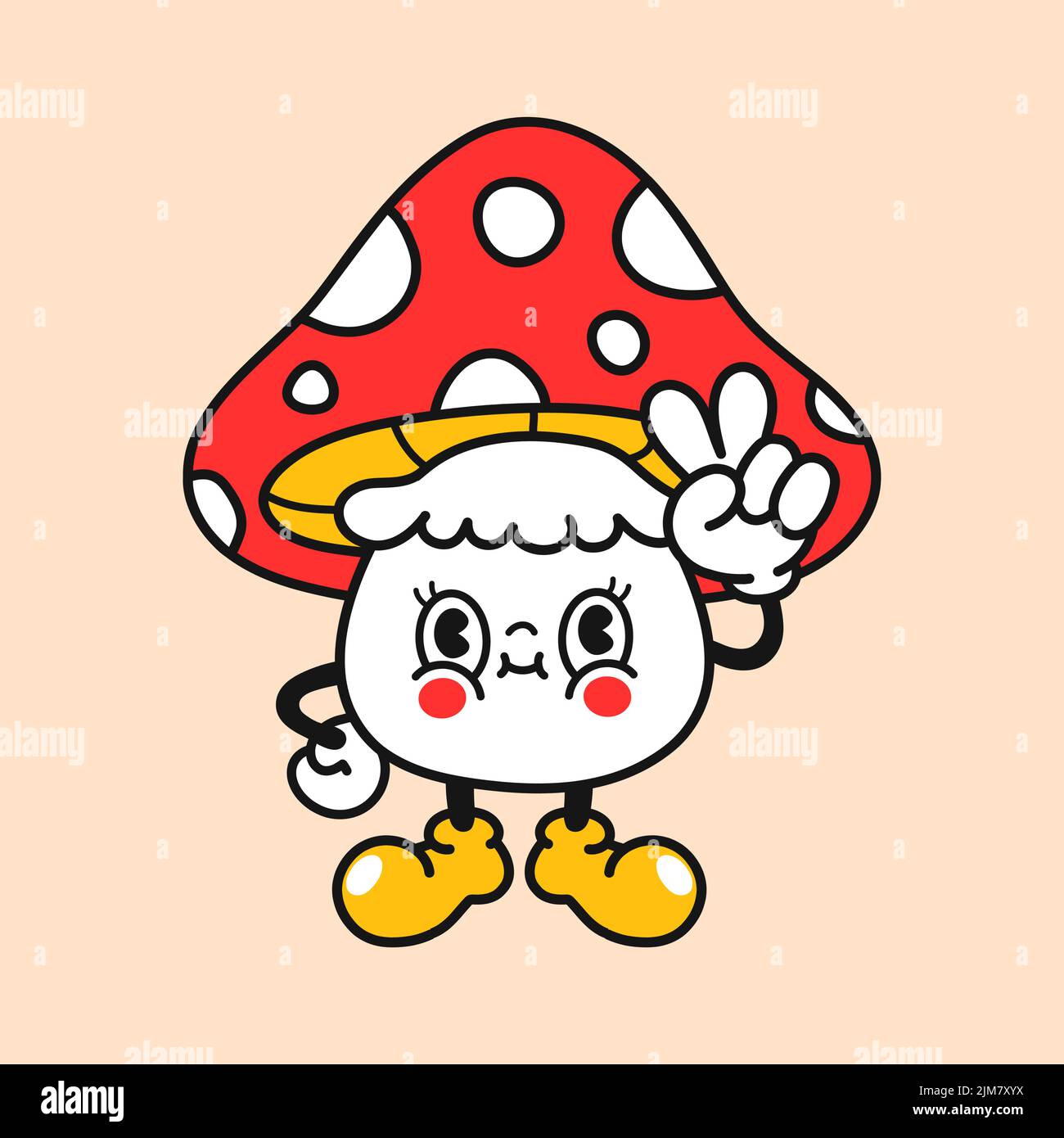 Simpatico divertente amanita mushroom show peace gesture t-shirt stampa design. Vettore retrò vintage cartoon personaggio illustrazione. Divertente stampa in mashroom hippie per t-shirt, poster, adesivo, logo art concept Illustrazione Vettoriale
