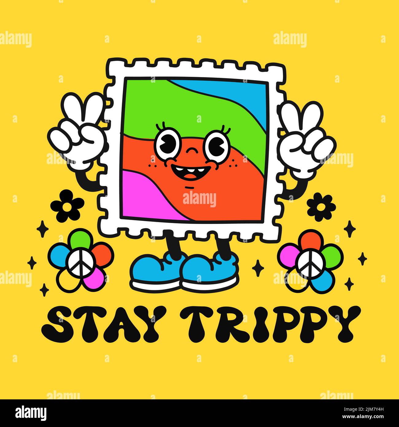 Carino divertente acid lsd marchio t-shirt stampa design. Rimani una citazione slogan trippy. Vettore retrò vintage cartoon personaggio illustrazione. Funny lsd, stampa acid mark per t-shirt, poster, adesivo, logo art concept Illustrazione Vettoriale