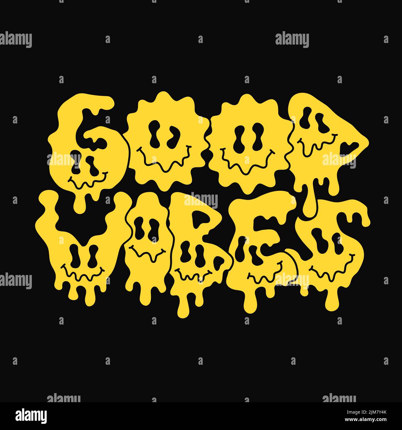 Buona virbes citazione,melt emoji faccia stampa per t-shirt.Vector disegnata a mano cartoon personaggio Illustration.Good Vibes text.Funny lettere trippy, acido moda stampa per t-shirt, poster, logo art concetto Illustrazione Vettoriale