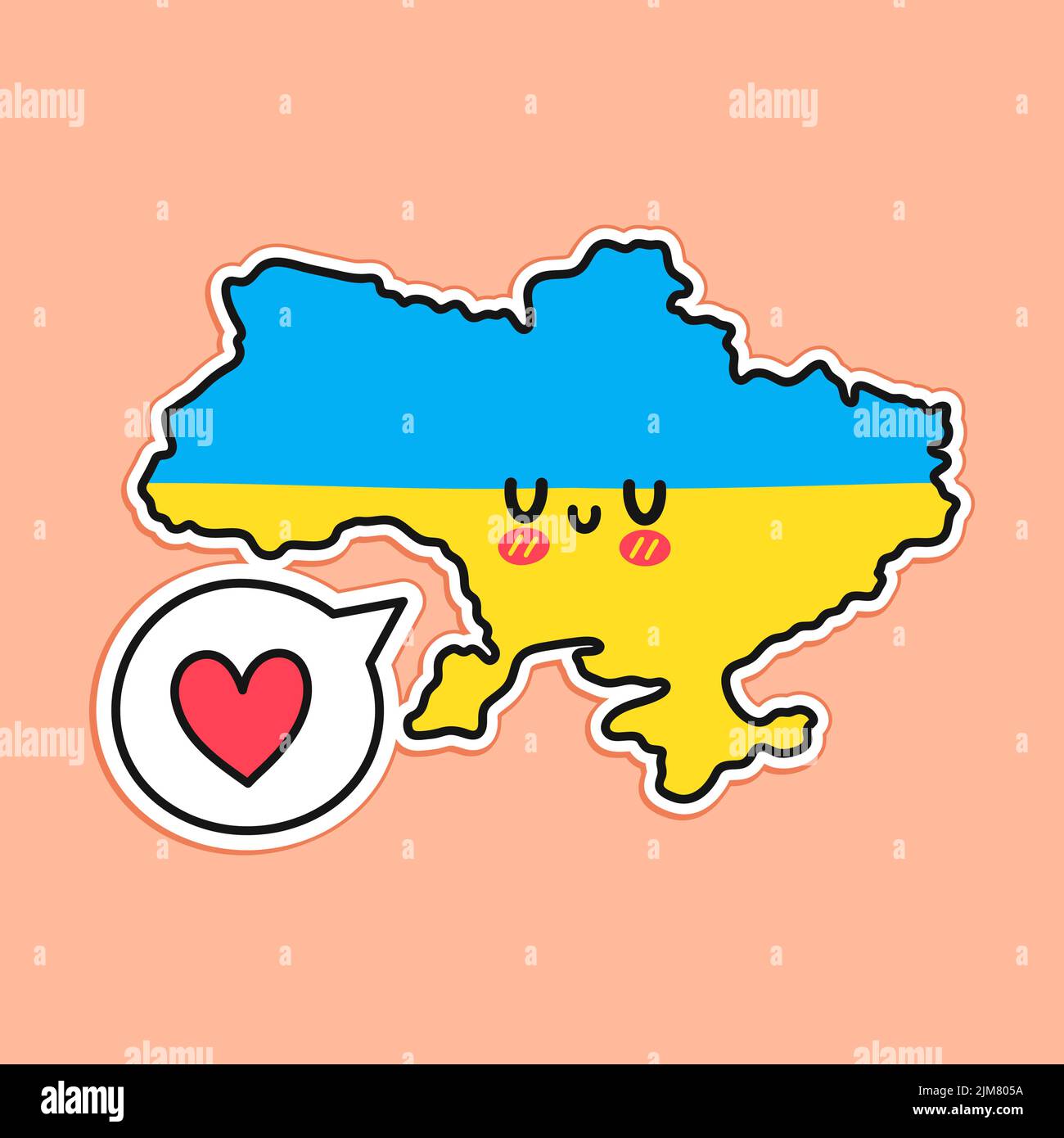 Carino divertente Ucraina mappa e bandiera personaggio con cuore nella bolla del discorso. Vettore linea piatta cartoon kawaii carattere icona illustrazione. Concetto di Ucraina Illustrazione Vettoriale