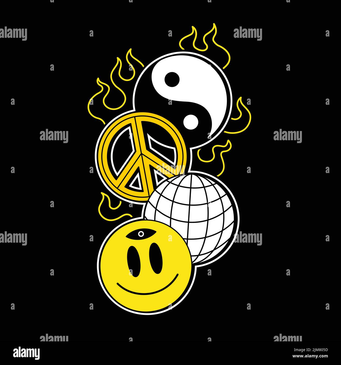 Yin Yang,sfera,faccia del sorriso,segni di pace bruciano nel fuoco.linea vettoriale illustrazione grafica logo design.Yin yang,sfera della terra,faccia del sorriso,simbolo di pace hippie,stampa techno per t-shirt,T-shirt,concetto del manifesto Illustrazione Vettoriale