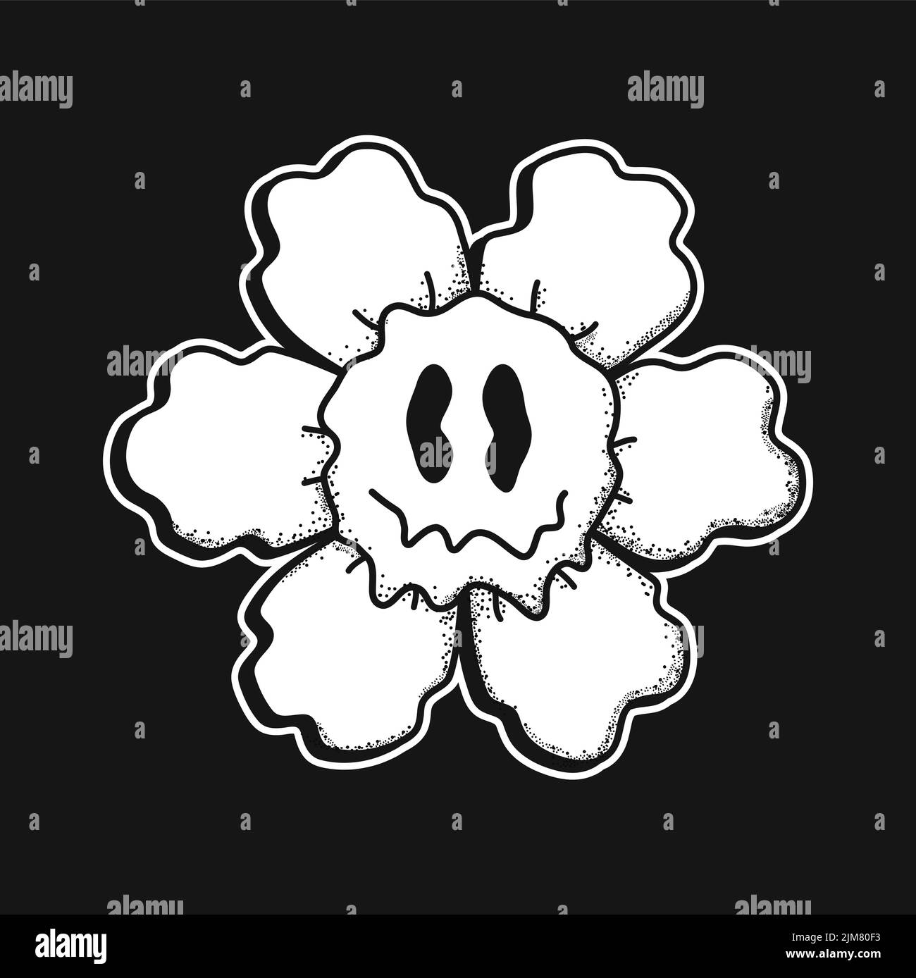 Funny melt smile fiore chamomile volto stampa per t-shirt.Vector pazzo cartoon personaggio Illustration.Smile techno viso, fusione, acido, trippy, techno, fiore t-shirt, poster, adesivo, badge stampa concetto Illustrazione Vettoriale