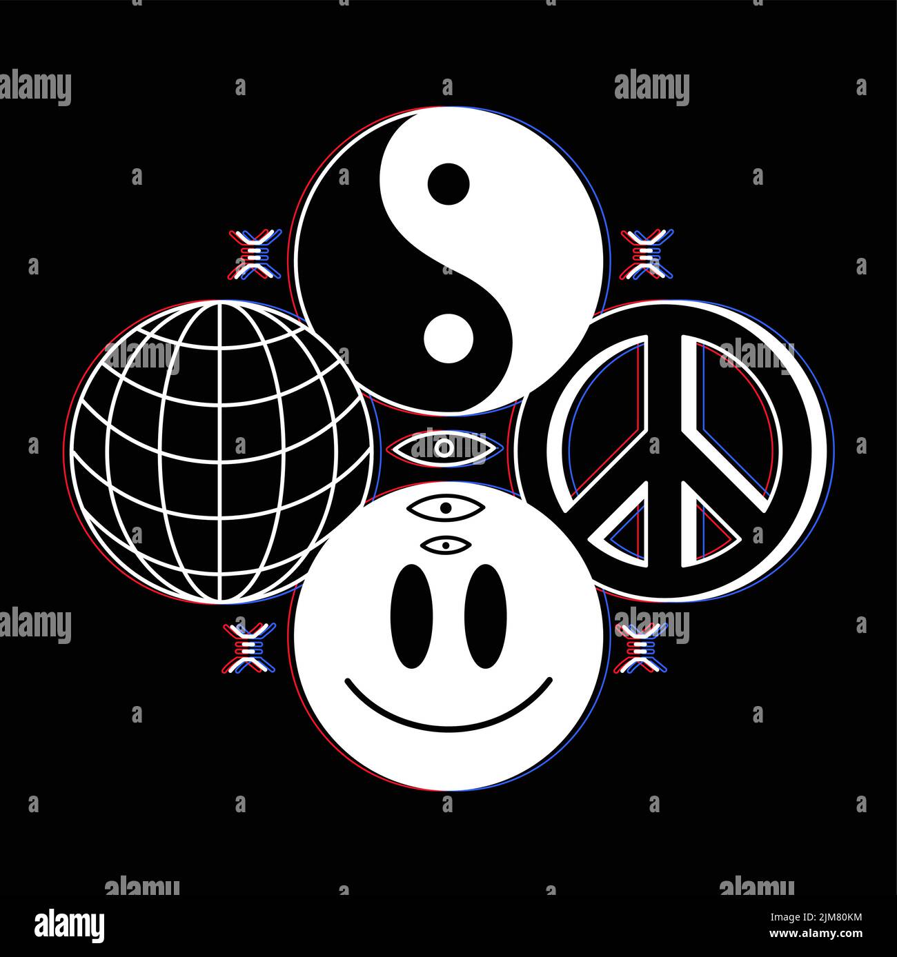 Yin Yang,sfera,faccia del sorriso,segni di pace.linea vettoriale illustrazione grafica logo design.Yin yang,sfera della terra,faccia del sorriso,simbolo di pace hippie,techno,stampa di glitch per t-shirt,T,concetto del manifesto Illustrazione Vettoriale