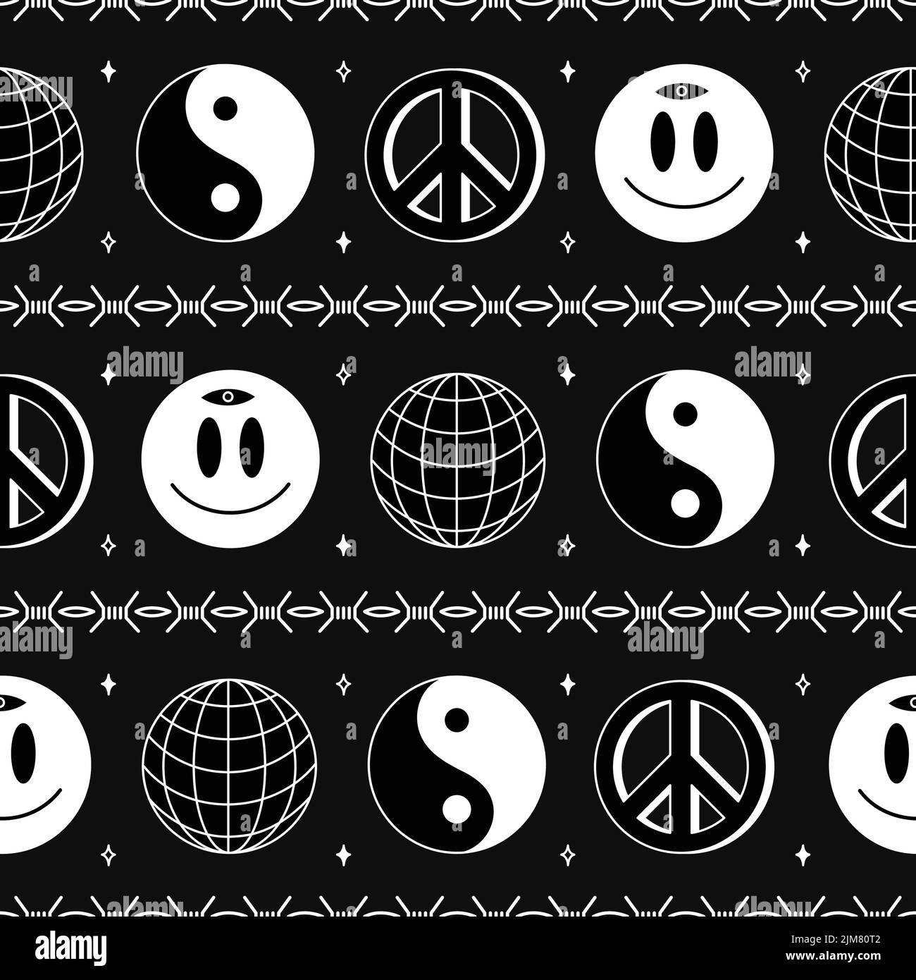 Yin Yang,sfera,faccia sorriso,segni di pace senza giunture pattern wallpaper.Vector linea grafica illustrazione logo design.Yin yang,sfera terra,faccia sorriso,simbolo di pace hippie,techno sfondo senza giunture pattern Illustrazione Vettoriale