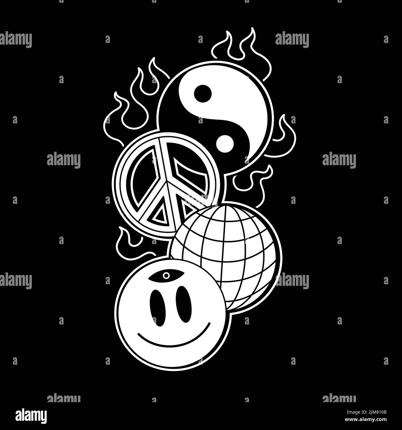 Yin Yang,sfera,faccia del sorriso,segni di pace bruciano nel fuoco.linea vettoriale illustrazione grafica logo design.Yin yang,sfera della terra,faccia del sorriso,simbolo di pace hippie,stampa techno per t-shirt,T-shirt,concetto del manifesto Illustrazione Vettoriale