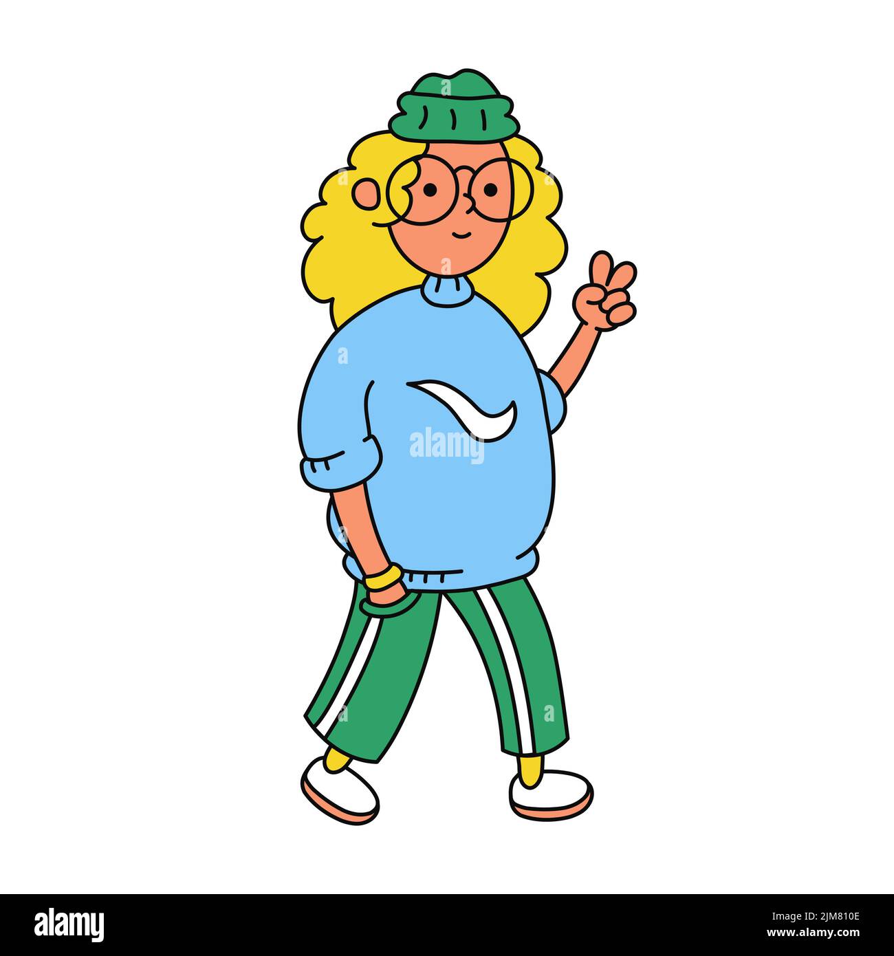 Divertente hipster ragazza a piedi. Vettore trendy Doodle cartoon stile icona illustrazione personaggio. Isolato su sfondo bianco Illustrazione Vettoriale