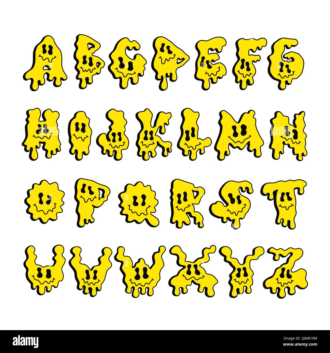 Trippy Melt emoji faccia font.Vector disegno a mano cartoon personaggio illustrazione. Lettere trippy divertenti, abc, stampa moda acido font per t-shirt, poster, logo art concept Illustrazione Vettoriale