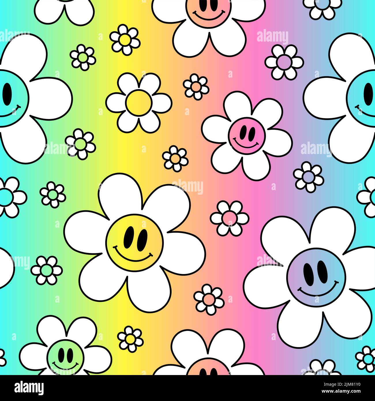 Cute divertente kawaii sorriso viso fiori su sfondo sfumato senza cuciture pattern.Vector cartoon kawaii personaggio illustrazione design.Positive vintage sorriso viso, camomilla fiore senza cuciture pattern concetto Illustrazione Vettoriale