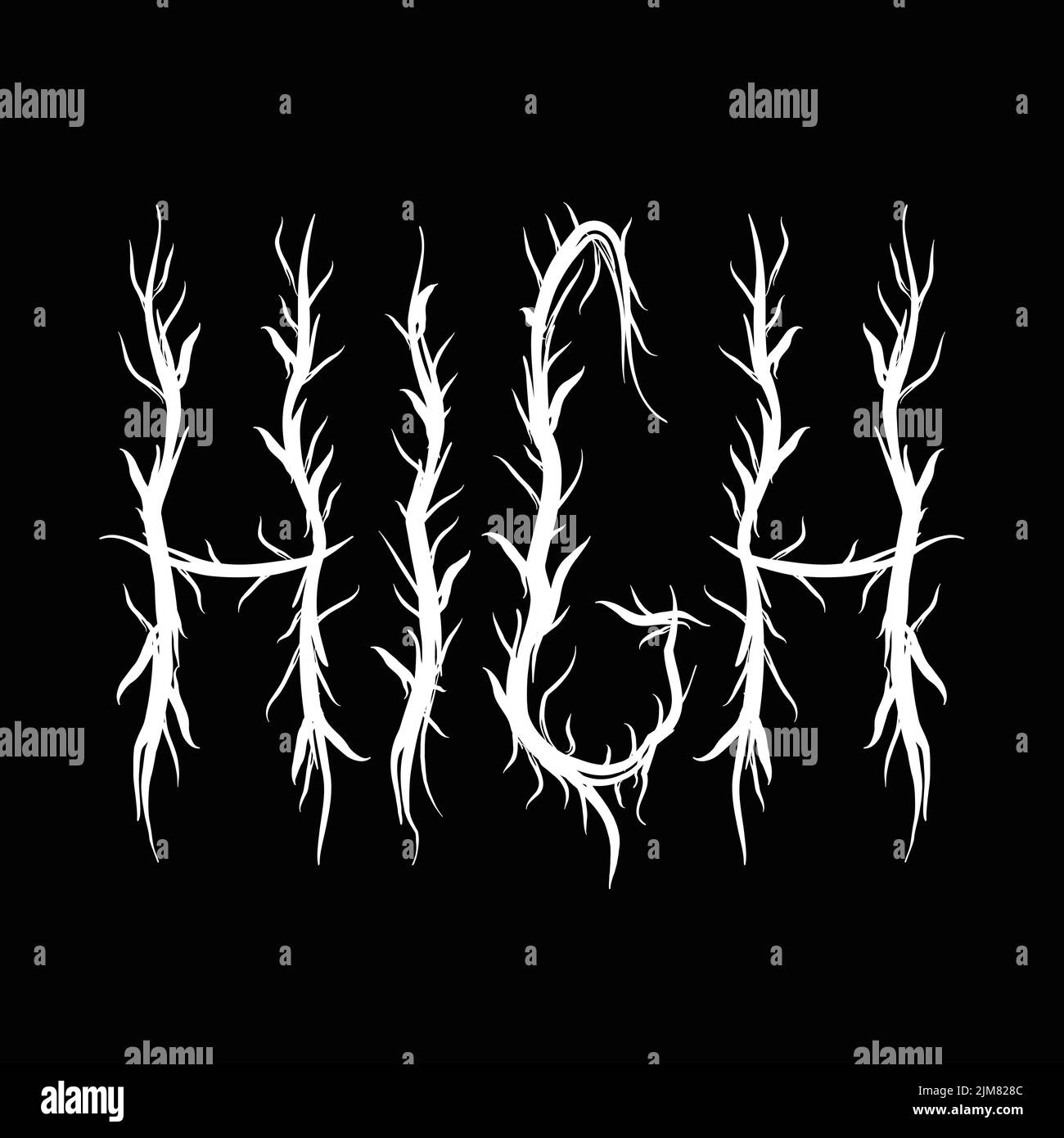 High word, trendy black metal style letters.Vector disegno a mano illustration.High, lettere trippy, acid fashion, black metal style print for t-shirt, poster concept Illustrazione Vettoriale