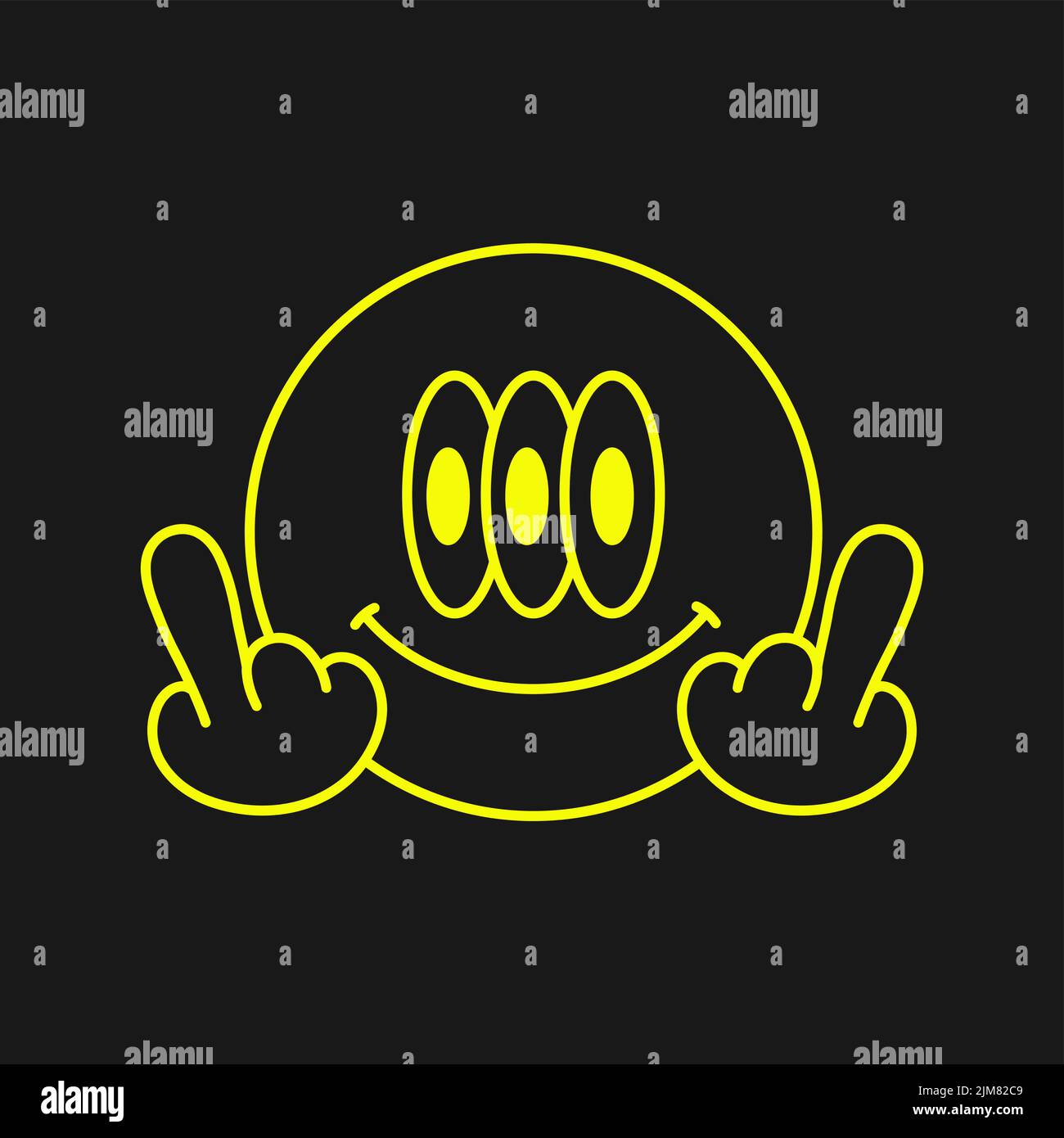 Sorriso volto con gesto medio dito t-shirt stampa.Vector disegno a mano cartoon personaggio illustrazione.Smile viso, dito medio gesto stampa per t-shirt, poster, logo, badge, copertina, concetto di adesivo Illustrazione Vettoriale