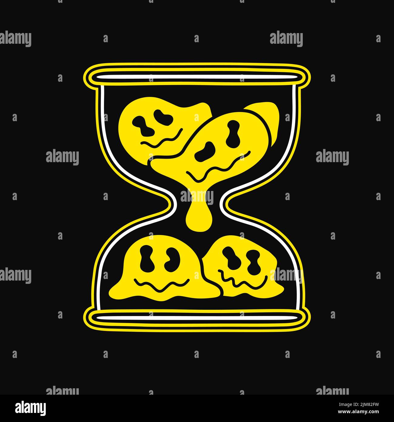 Faccia divertente sciogliete il sorriso in clessidra. Vettore disegnata a mano Doodle 90s stile cartoon personaggio illustrazione. Faccia a tre sorrisi, stampa in clessidra di sabbia per t-shirt, poster, cartoncino, patch, logo concepе Illustrazione Vettoriale