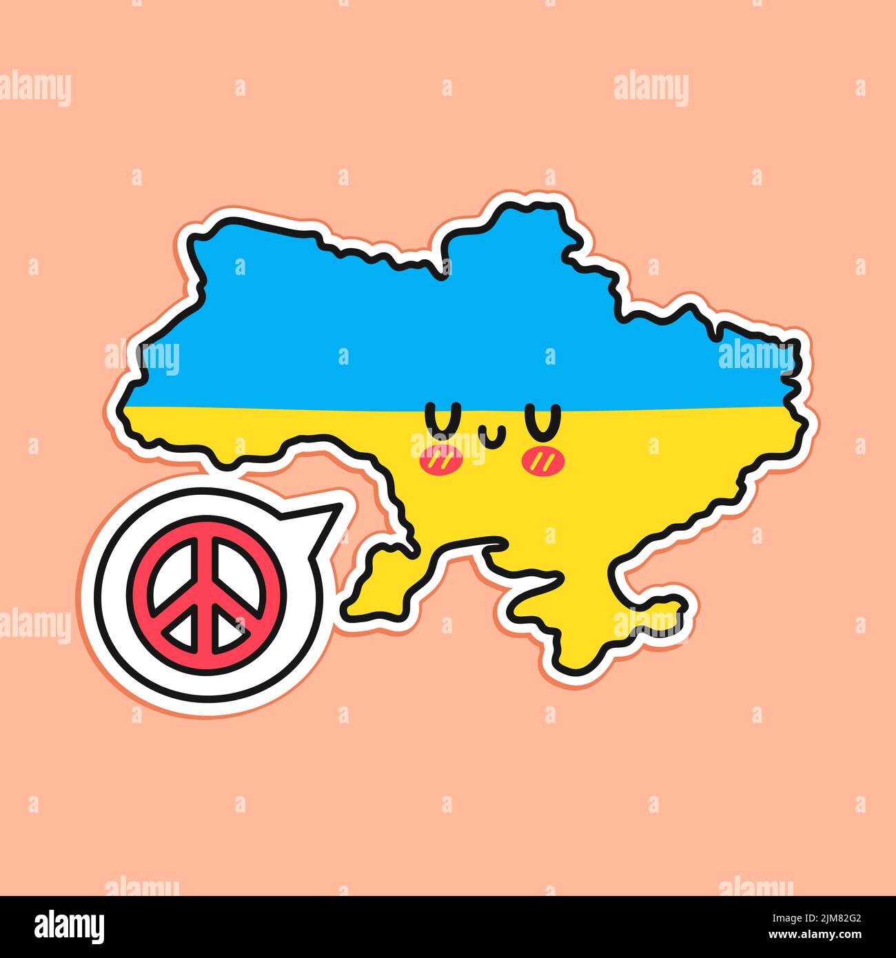 Carino divertente Ucraina mappa e bandiera personaggio con segno di pace in bolla discorso. Vettore linea piatta cartoon kawaii carattere icona illustrazione. Ucraina, concetto di pace Illustrazione Vettoriale