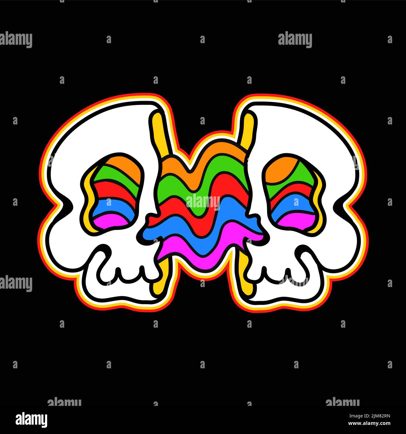 Due metà del volto del cranio, vibrante rainbow.Vector disegnata a mano Doodle 90s stile cartoon personaggio Illustration.Isolated su sfondo bianco.Trippy doodle cranio concetto Illustrazione Vettoriale
