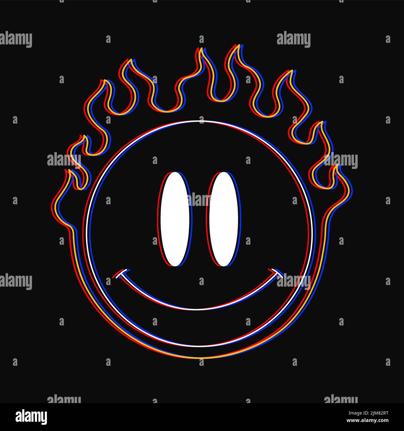 Sorriso faccia bruciare in t-shirt a fuoco stampa. Vettore disegno a mano stile linea cartoon carattere illustrazione del logo. Sorriso faccia, bruciare, stampa fuoco per poster, logo, concetto tee Illustrazione Vettoriale