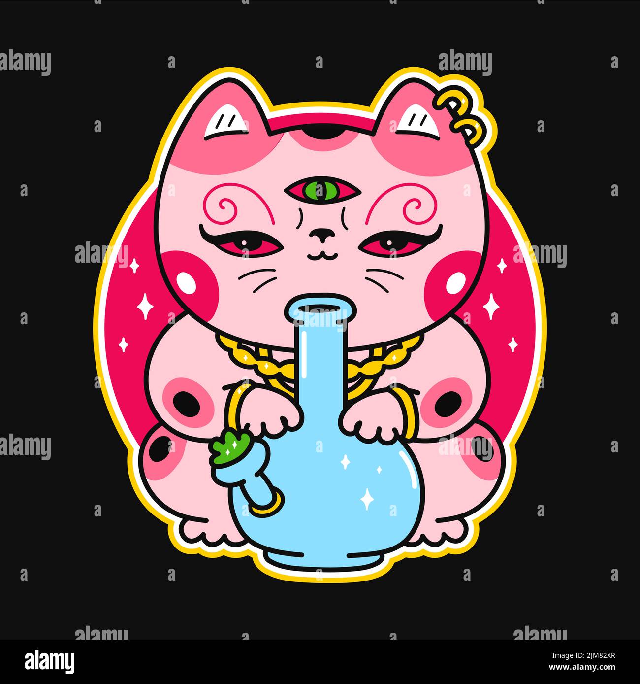 Carino divertente kawaii asian Maneki-neko gatto con bong. Vettoriale cartoon kawaii personaggio illustrazione logo design.Positive vintage gatto, erbaccia, marijuana, fumo cannabis, bong stampa per t-shirt, tee, logo concetto Illustrazione Vettoriale