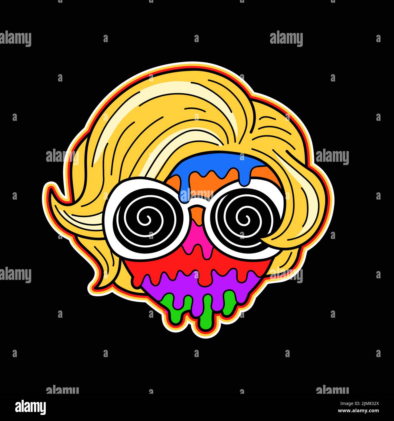 Donna retrò signora con melt rainbow faccia stampa per t-shirt.Vector a mano disegnato Doodle 60s.70s stile cartoon personaggio Illustration.Trippy signora, ragazza, acido, groovy, psichedelico concetto Illustrazione Vettoriale